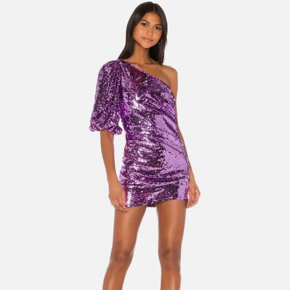 For Love & Lemons Madeline Sequin Purple One Shoulder Mini Party Dress Small